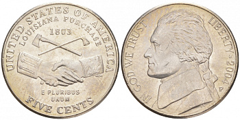 США 5 центов 2004 P, серия 200 лет экспедиции Льюиса и Кларка, приобретение Луизианы KM 360 медно-никель UNC M32-11