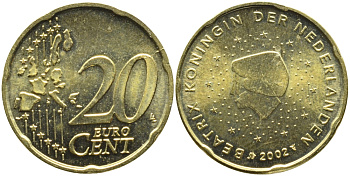 Нидерланды 20 евроцентов 2002 Беатрикс (1980-2013) KM 238 латунь UNC 4391-323