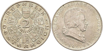 Австрия 2 шиллинга 1931 175 лет со дня рождения Моцарта KM 2847 серебро 4545-1224