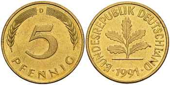 ФРГ 5 пфеннигов 1991 D KM 107, J.382 сталь плакированная латунью 4174-1112