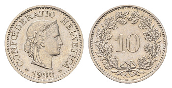Швейцария 10 раппенов 1990 B KM 27 медно-никель 187-518