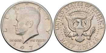 США 1/2 доллара (50 центов) 1971 D, Джон Кеннеди KM 202b медь плакированная медно-никелем 111-342