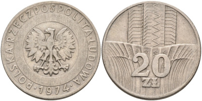 Польша 20 злотых 1974 монетный двор Кремница KM 67, Parchimowicz 245b медно-никель 189-834