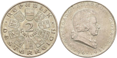 Австрия 2 шиллинга 1931 175 лет со дня рождения Моцарта KM 2847 серебро 4545-1224