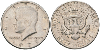 США 1/2 доллара (50 центов) 1971 D, Джон Кеннеди KM 202b медь плакированная медно-никелем 111-342