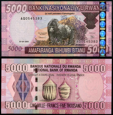 Руанда 5000 франков 2004 горилла в национальном парке Вулканов, национальные корзины Pick 33 a  бумага  UNC (пресс) 451-232-2