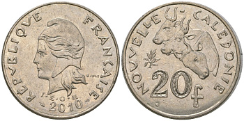 Французская Новая Каледония 20 франков 2010 три быка, (IEOM) KM 12a, Schoen 14a медно-никель 4137-416