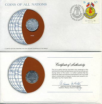 ЧИЛИ 10 СЕНТАВОС 1979 монета в конверте с маркой и спецгашением UNC 4294-28-3