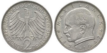 ФРГ 2 марки 1968 F, Макс Планк KM 116,  J. 392 медно-никель плакированный никелем 72-353
