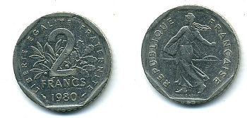 ФРАНЦИЯ 2 ФРАНКА 1980 СЕЯТЕЛЬ KM 942.1, LE FRANC 272.4 никель 25-2426