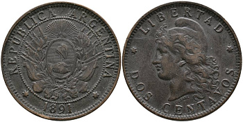 Аргентина 2 сентаво 1891 голова свободы влево KM 8 бронза 4531-1025