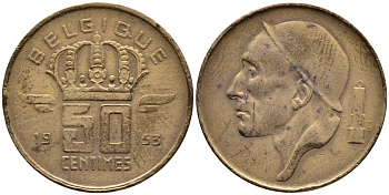 БЕЛЬГИЯ 50 САНТИМОВ 1953 BELGIQUE KM 144 бронза 4392-761