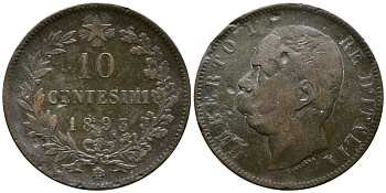 ИТАЛИЯ 10 ЧЕНТЕЗИМО 1893 B/I, УМБЕРТО I (1878-1900) KM 27.1 медь 73-713