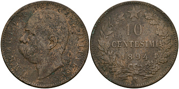 Италия 10 чентезимо 1894 R, Умберто I (1878-1900) KM 27.2 медь 08-844