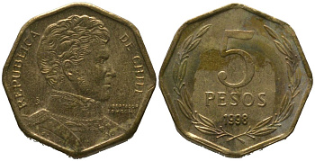 Чили 5 песо 1998 So KM 232, Schon 81 алюминиевая бронза 4387-952