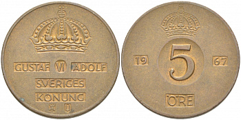 Швеция 5 эре 1967 U, Густав VI Адольф (1950-1973) КМ 822 бронза 77-535