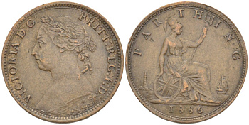 Великобритания 1 фартинг 1886 Виктория (1837-1901) KM 753, Spink 3958 бронза 4543-916