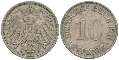 Германия 10 пфеннигов 1911 A, Вильгельм II (1888-1918) KM 12, J. 13 медно-никель 4615-751