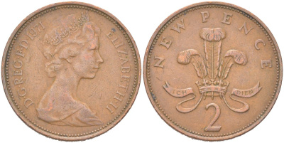 Великобритания 2 новых пенни 1971 Елизавета II (1952-2022) KM 916, Spink C1 бронза 4128-217