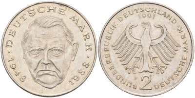 ФРГ 2 марки 1991 F, Людвиг Эрхард, 40 лет Федеративной Республике (1948-1988) KM 170, J. 445 медно-никель плакированный никелем 4583-531