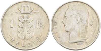 БЕЛЬГИЯ 1 ФРАНК 1967 BELGIE, БОДУЭН I (1951-1993) KM 143.1 медно-никель 213-336