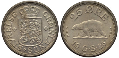 Гренландия 25 эре 1926 NCN; CJ, медведь, датская колония, Кристиан X (1912-1947) KM 5 медно-никель 186-1051