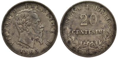 Италия 20 чентезимо 1863 М, Виктор Эммануил II (1861-1878)  KM 13 серебро 1521-1413