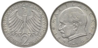 ФРГ 2 марки 1968 F, Макс Планк KM 116,  J. 392 медно-никель плакированный никелем 72-353