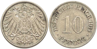 ГЕРМАНИЯ 10 ПФЕННИГОВ 1914 G KM 12, J. 13 медно-никель 210-722