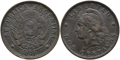 Аргентина 2 сентаво 1891 голова свободы влево KM 8 бронза 4531-1025