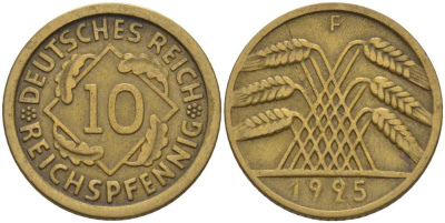 ГЕРМАНИЯ 10 РЕЙХСПФЕННИГОВ 1925 A KM 40, J. 317 алюминиевая бронза 4401-426