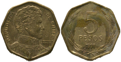 Чили 5 песо 1998 So KM 232, Schon 81 алюминиевая бронза 4387-952