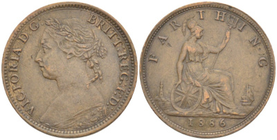 Великобритания 1 фартинг 1886 Виктория (1837-1901) KM 753, Spink 3958 бронза 4543-916