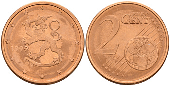Финляндия 2 евроцента 1999  KM 99 сталь плакированная медью  UNC  4160-329