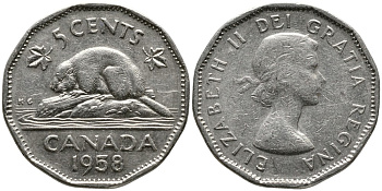 КАНАДА 5 ЦЕНТОВ 1958 ЕЛИЗАВЕТА II (1952-), БОБР, ПЕРВЫЙ ПОРТРЕТ KM 50а никель 4543-612