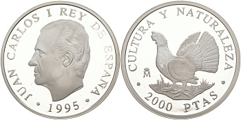 Испания 2000 песет 1995 серия культура и природа, тетерев KM 953 серебро  PROOF  1072-8-64