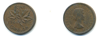Канада 1 цент 1964 Елизавета II (1952-2022), кленовый лист KM 49 бронза 93-1046