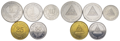 Никарагуа набор из 5 монет (10, 25 и 50 сентаво; 1 и 5 кордоб) 2012-2014 KM 88b, 90s, 101, 104 и 105 UNC 4641-451-455