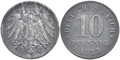 ГЕРМАНИЯ 10 ПФЕННИГОВ 1922 KM 26, J. 299 цинк 4401-221
