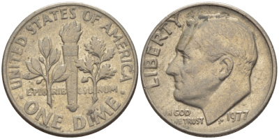США 10 ЦЕНТОВ = 1 ДАЙМ 1977 РУЗВЕЛЬТ KM 195а медь плакированная медно-никелем 66-1121