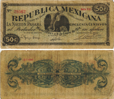Мексика, Революция, Республика 50 сентаво 1914 DIVISION DEL BRAVO, Монтеррей Pick S936c бумага 6289-5-3-1