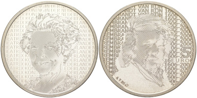 Нидерланды 5 евро 2006 400 лет со дня рождения Рембрандта, королева Беатрикс KM 266 серебро PROOF 01-345-23
