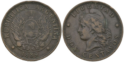 Аргентина 2 сентаво 1889 KM 33 бронза 92-136