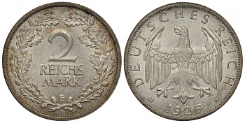 Германия 2 рейхсмарки 1926 E, цена по каталогу MT 200 евро J. 320, KM 45 серебро  UNC  00-802-74