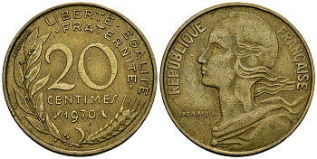 Франция 20 сантимов 1970 тип Marianne KM 930 медь алюминий никель 4135-611