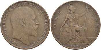 Великобритания 1 пенни 1908 Эдуард VII (1901-1910) KM 794.2, Spink 3990 бронза 4389-743