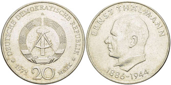 ГДР 20 марок 1971 A, 85 лет со дня рождения Эрнста Тельмана KM 34, J. 1535 медно-никель 4521-346