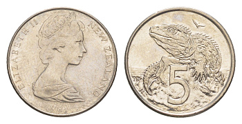 Новая Зеландия 5 центов 1981 Елизавета II (1952-2022), ящерица гаттерия KM 34 медно-никель 4651-215