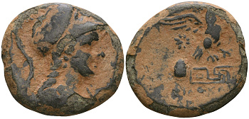 Фригия, Апамея AE 133 - 48 гг. до н.э. Голова Афины / Орел над символом реки Меандр BMC 44 бронза 1100-8-72