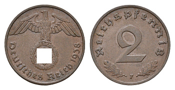 Германия 2 рейхспфеннига 1938 F KM 90, J. 362 бронза 4674-358